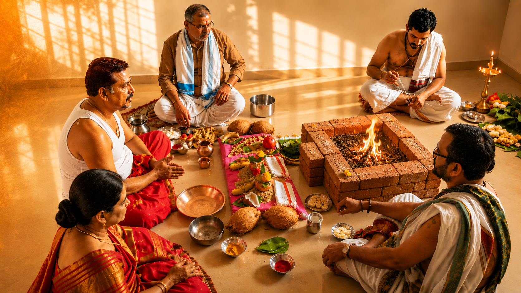 A family taking part in a home puja